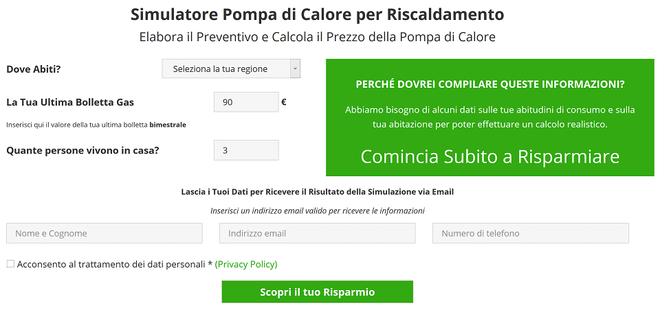 Calcolatore Prezzo Pompa di Calore per Riscaldamento