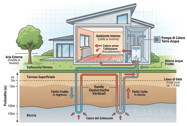 Schema funzionamento pompa di calore Terra-Acqua(detta anche Geotermica)