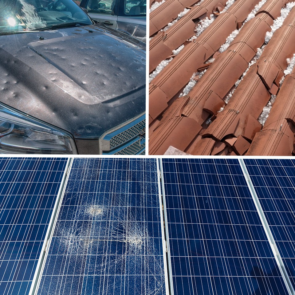 Danneggiamenti da grandine su automobili, tetti e su pannelli solari fotovoltaici