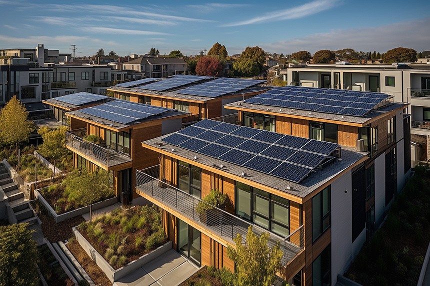 Impianti solari fotovoltaici su tetti di case in provincia