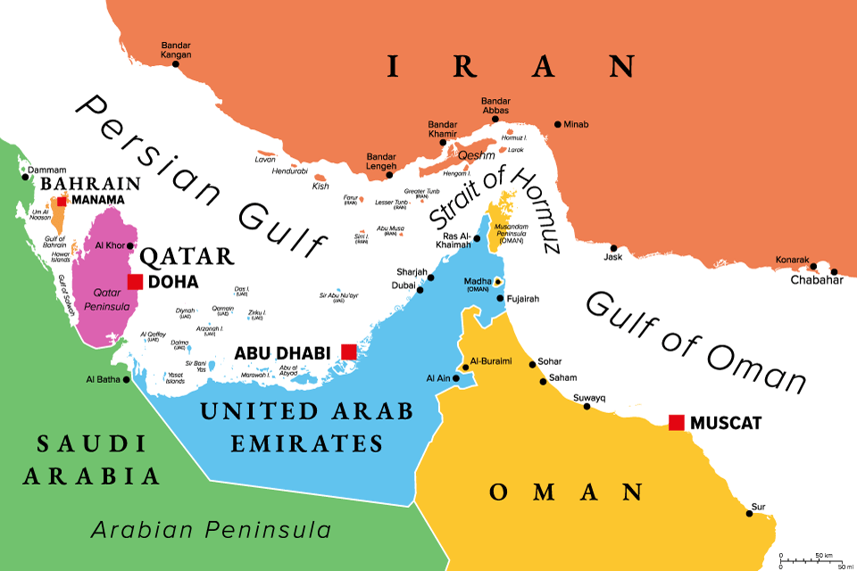 Mappa dello stretto di Hormuz e del Golfo Persico, con Iran, EAU, Oman, Quatar | Abbassalebollette.it Mappa dello stretto di Hormuz e del Golfo Persico, con Iran, EAU, Oman, Quatar